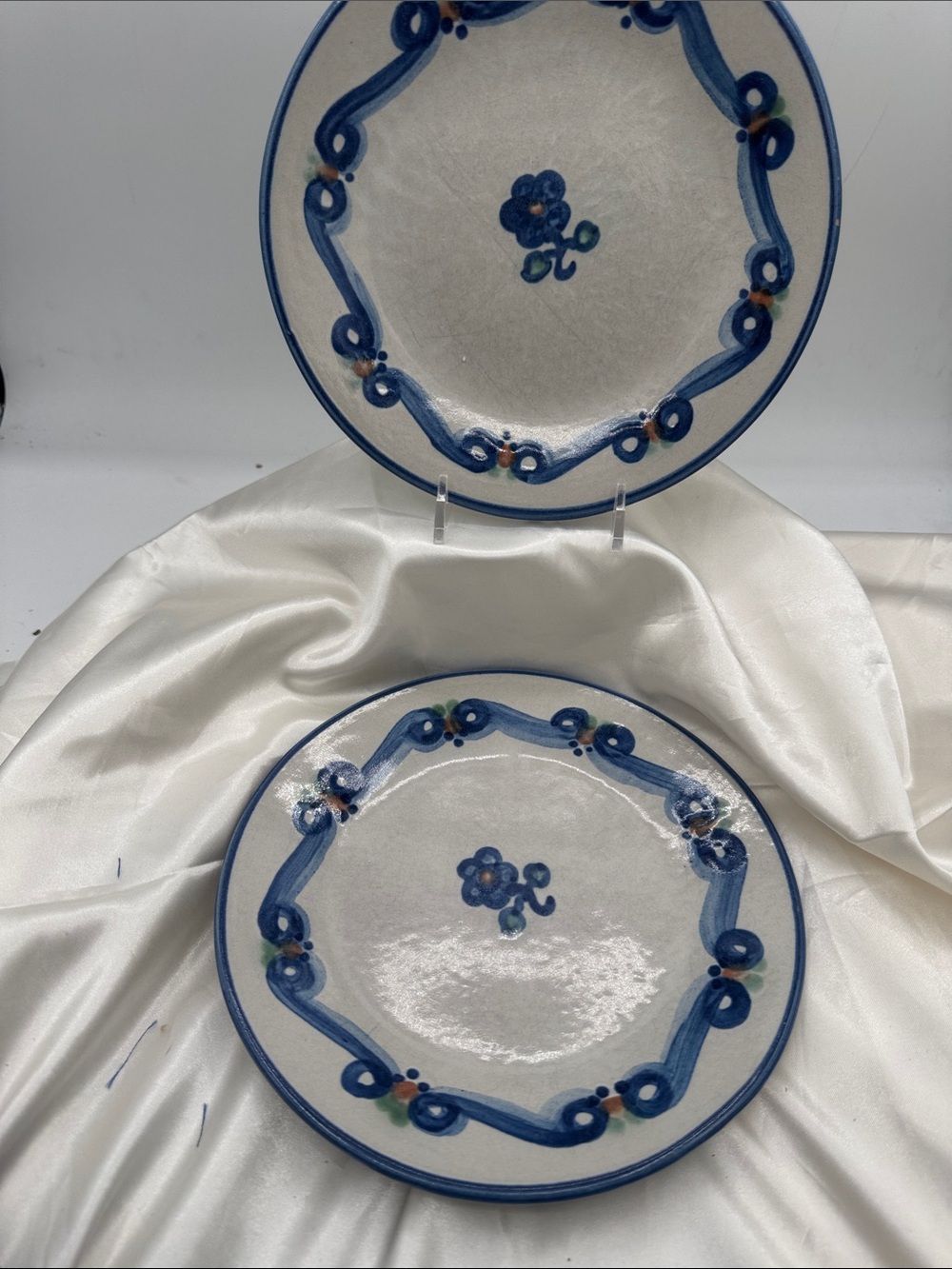2 M.A. Hadley Pottery plates “Bluette” 7-1/2” salad/luncheon plates w/chips.